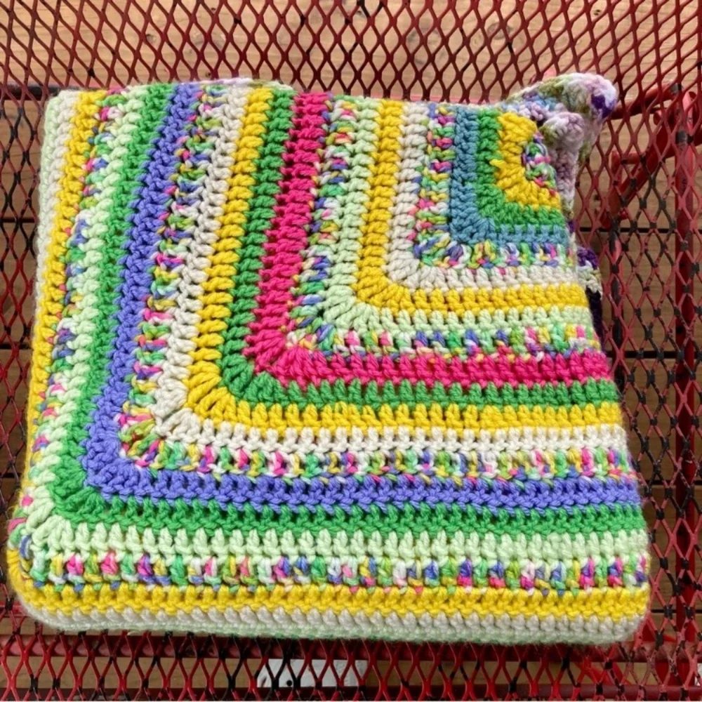 Small Handmade Crocheted Throw Blanket 54” x 52” Purple Green Yellow Pink